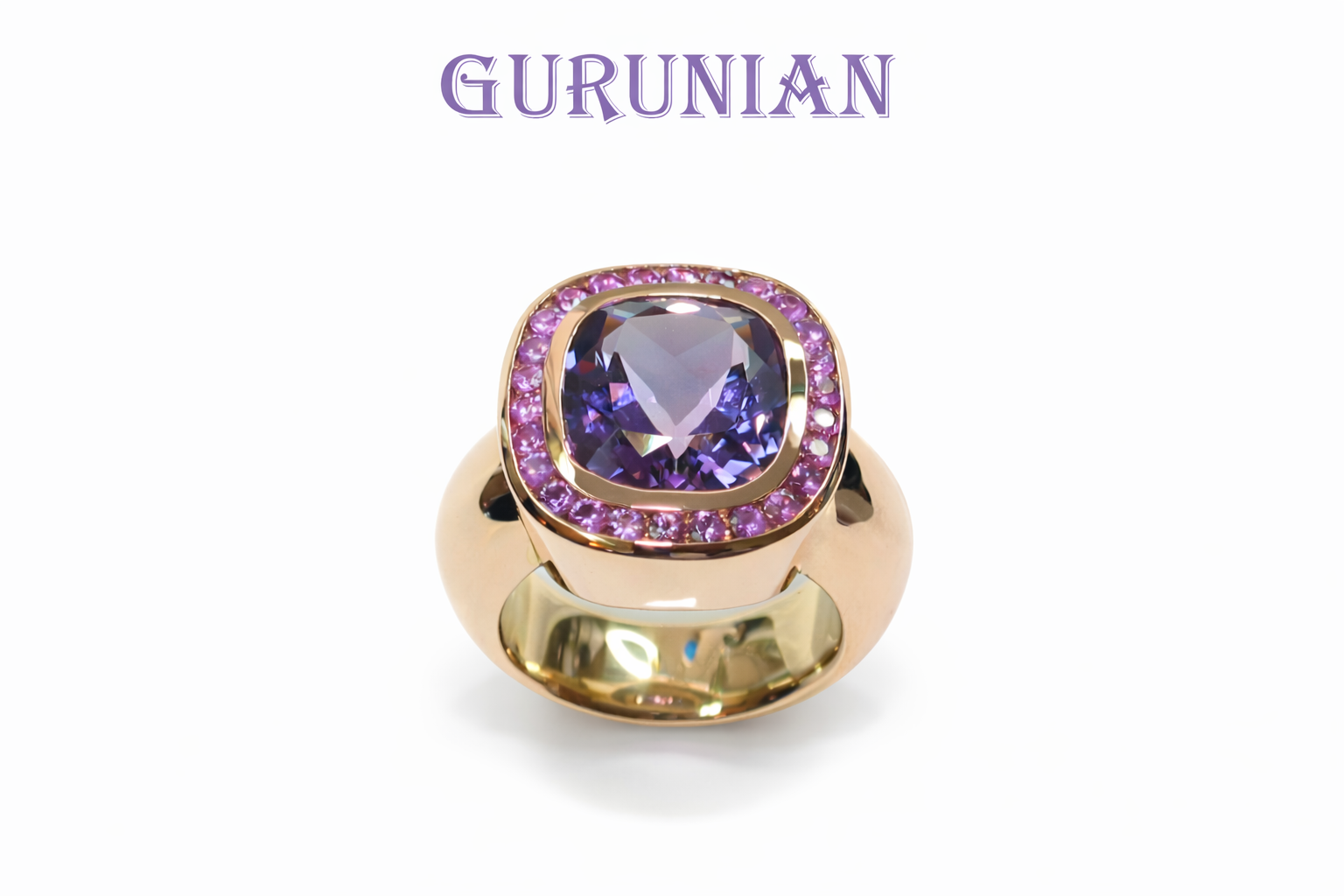 Elegant pink gold ring with amethyst center stone framed with pink sapphires.